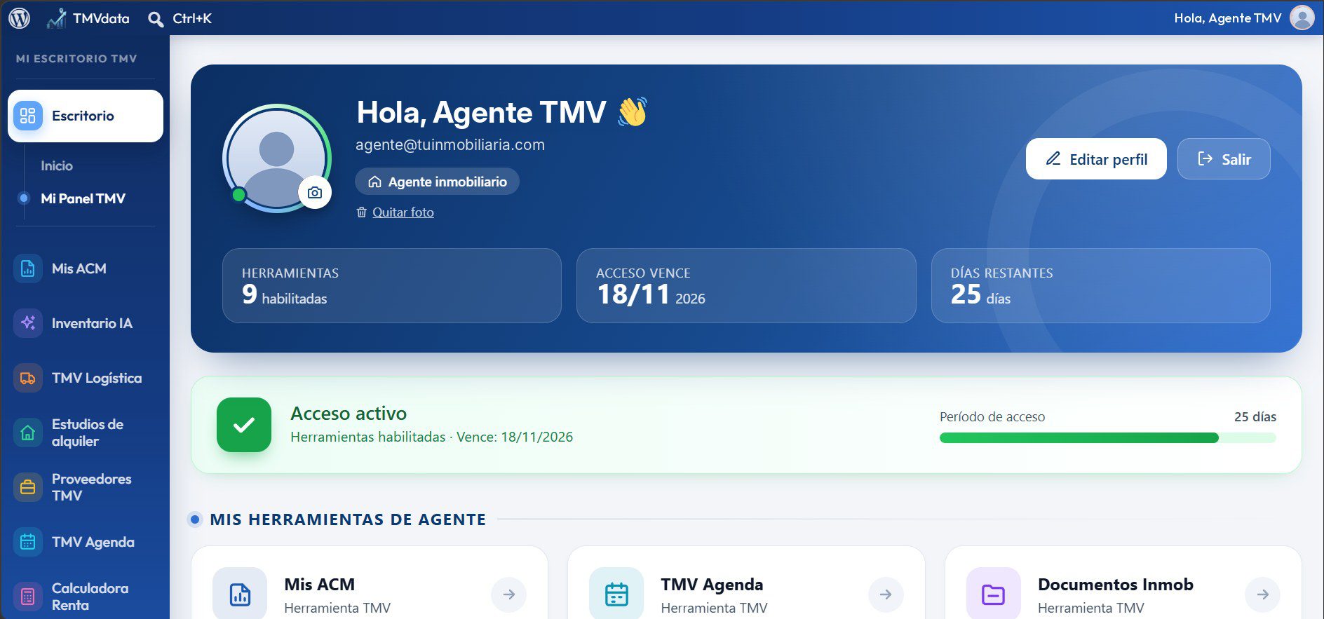 Escritorio personal TMVdata: Mis ACM, Inventario IA, TMV Logística, Estudios de alquiler, Proveedores TMV, TMV Agenda, Calculadora Renta y Documentos Inmobiliarios en un solo panel.