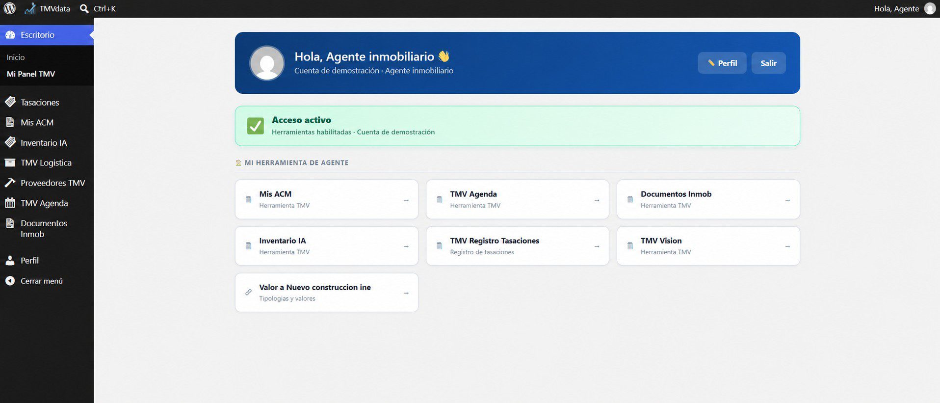 Escritorio personal TMVdata: Mis ACM, TMV Agenda, Documentos Inmobiliarios, Inventario IA, TMV Registro Tasaciones y TMV Visión en un solo panel.